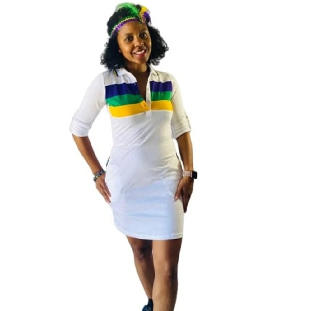 Mardi Gras Ladies White Chest Stripe Purple, Green and Gold Dress